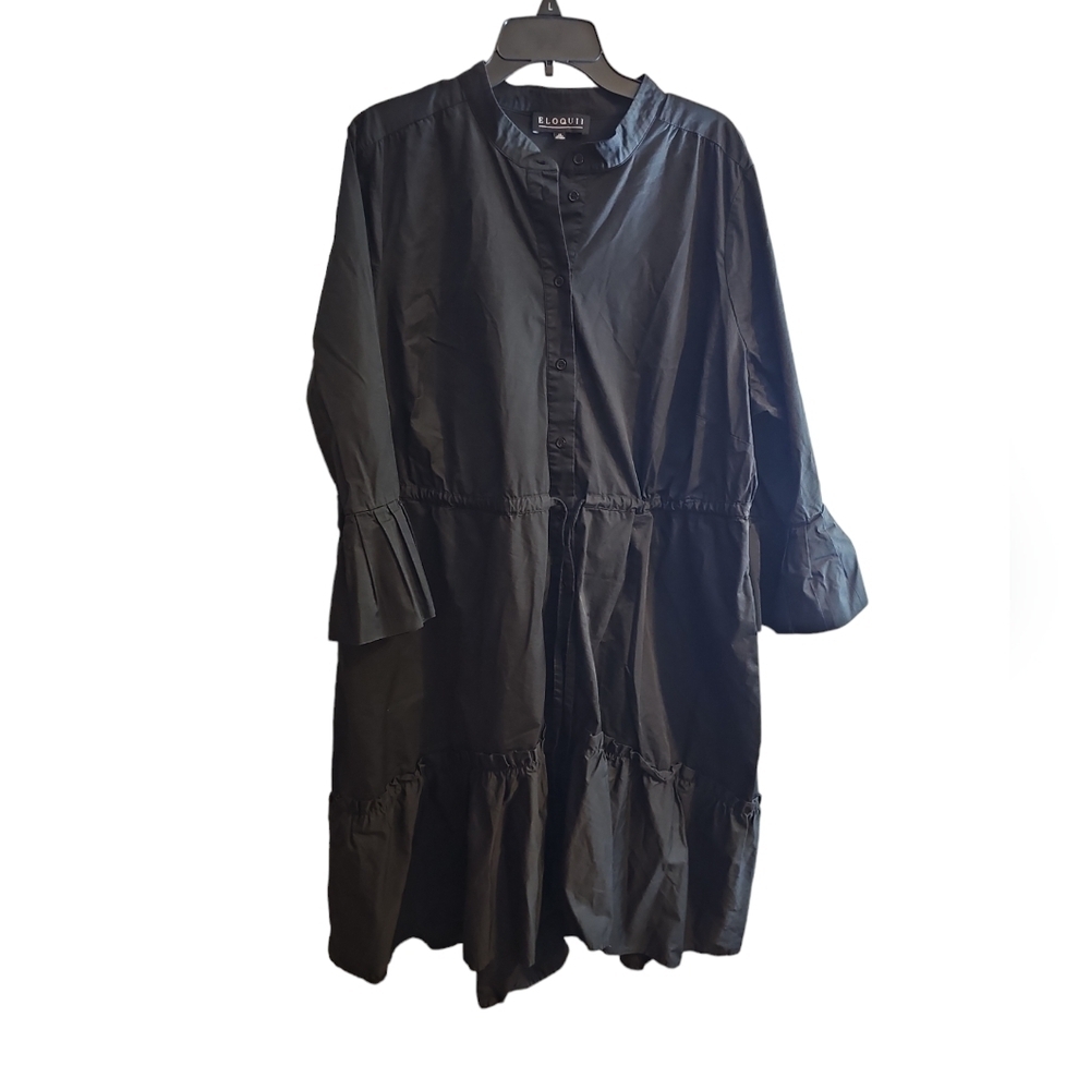 Eloquii sz 22 W black cotton tiered shirt dress pleated flare sleeves